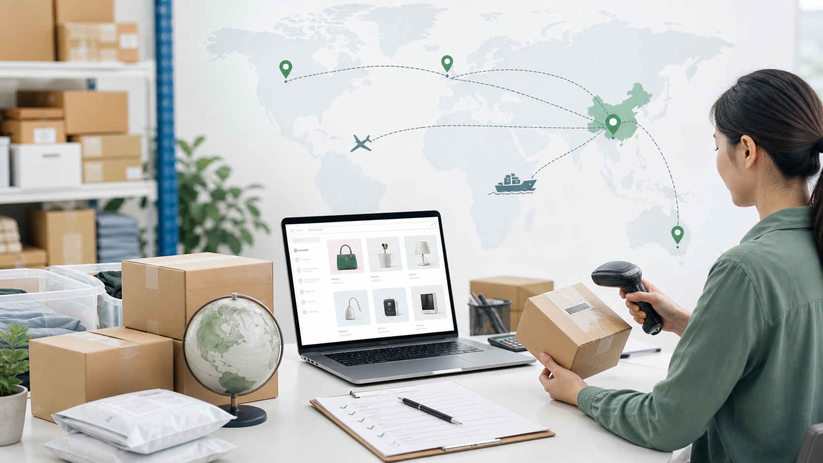 Cross-border proxy purchasing workflow with Taobao product links, warehouse inspection, parcels, and international shipping routes