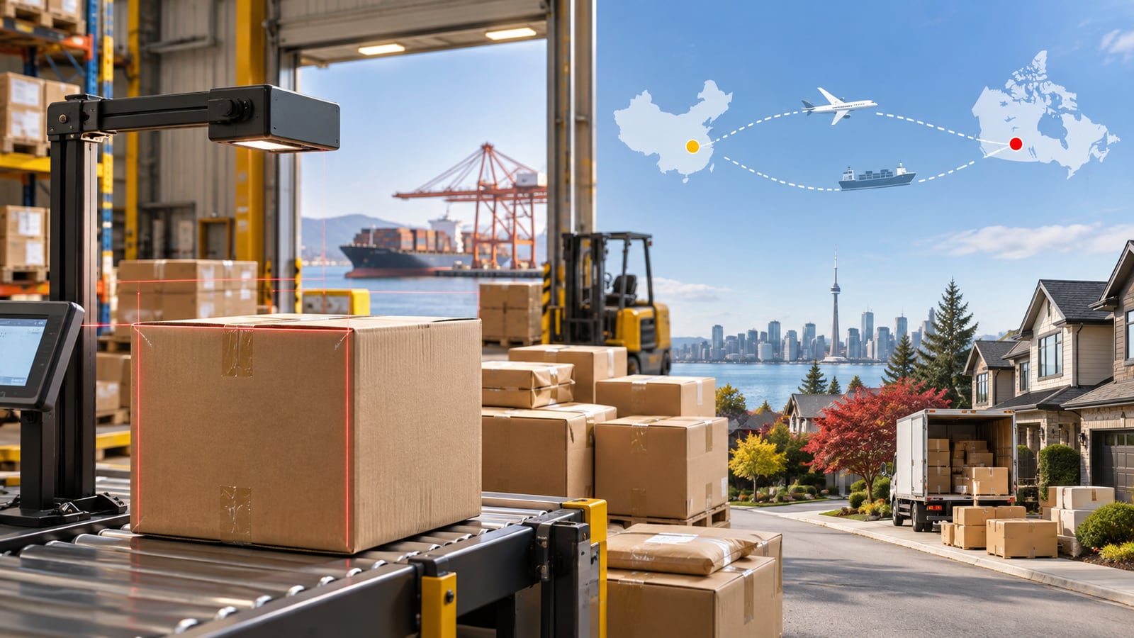 China warehouse team measures a consolidated parcel for delivery to a Canadian home