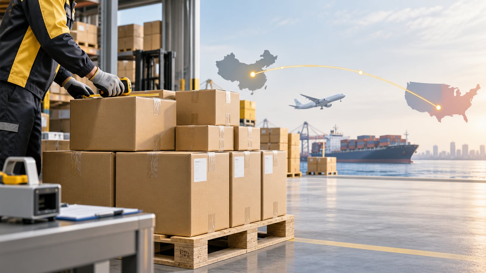Consolidated parcels at a China warehouse prepared for air and sea delivery to the United States