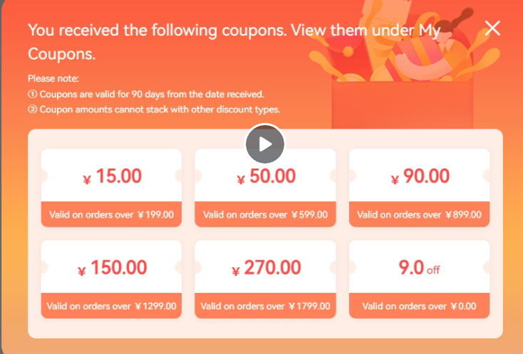 YANCHAO New-User Benefits: 10% Off Your First International Shipping Fee 1 YANCHAO new-user coupon pack showing five fixed-value coupons and one percentage coupon